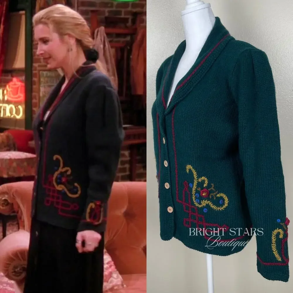 Rare Vintage Hand Embroidered Cardigan ASO Phoebe Buffay Friends Green Small